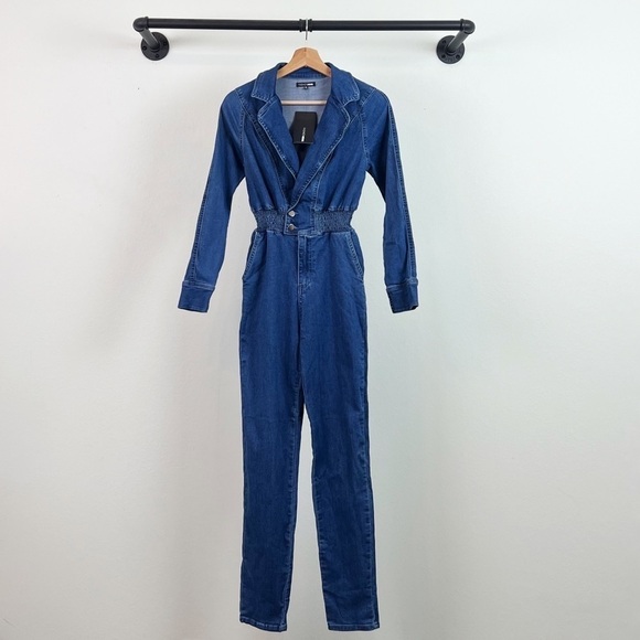NWT Fashion Nova Darling Denim Jumpsuit Long Sleeve Plunge Neck - Picture 3 of 5